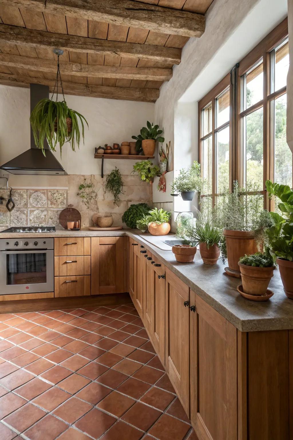 A rustic kitchen with warm terracotta tones.