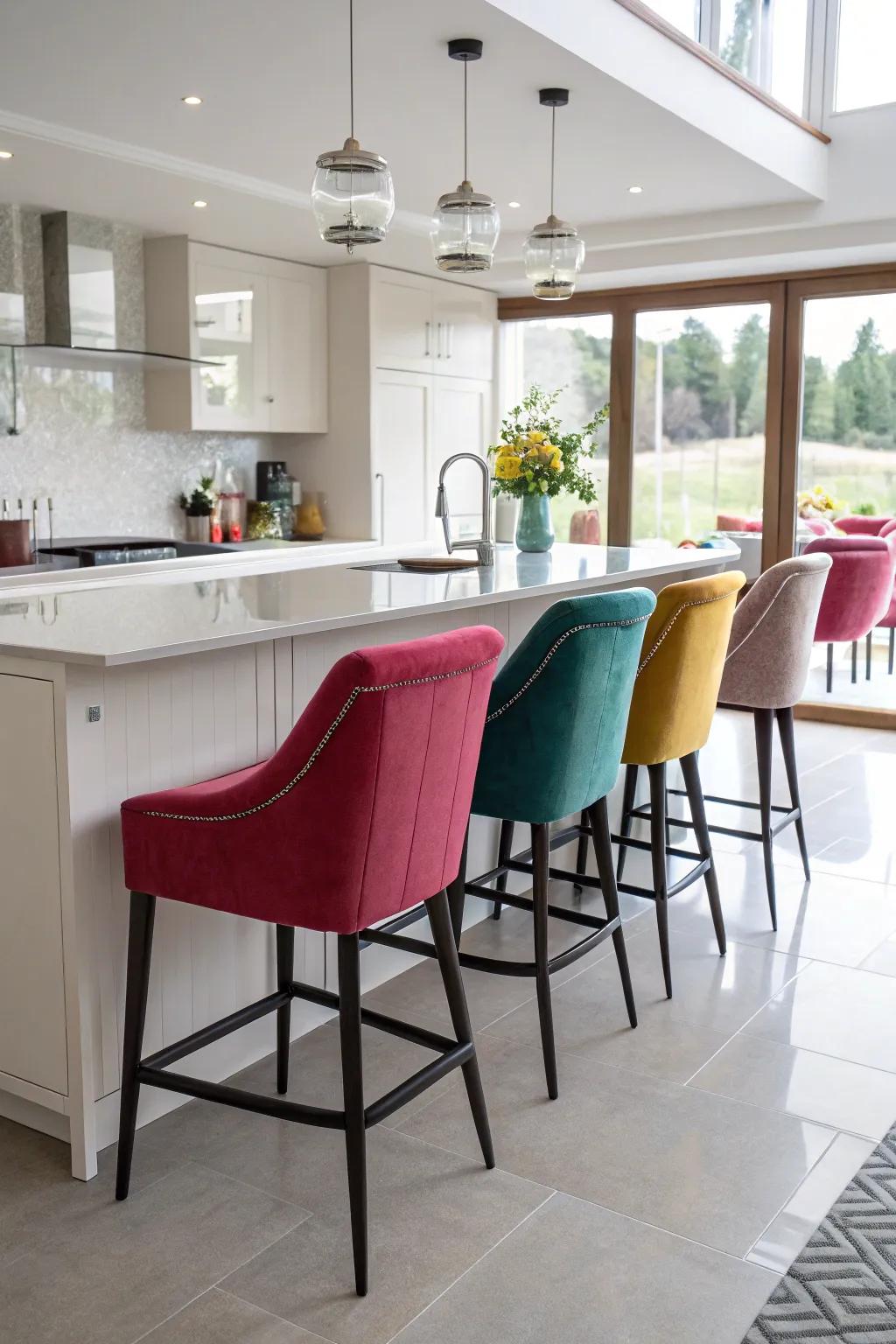 A stylish kitchen interior with a peninsula featuring contrasting seating.