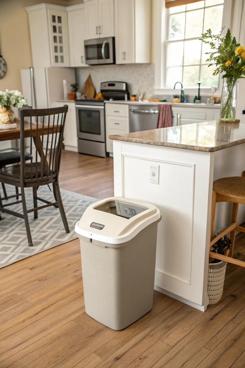 A pet-proof trash can ensuring a tidy kitchen and happy pets.