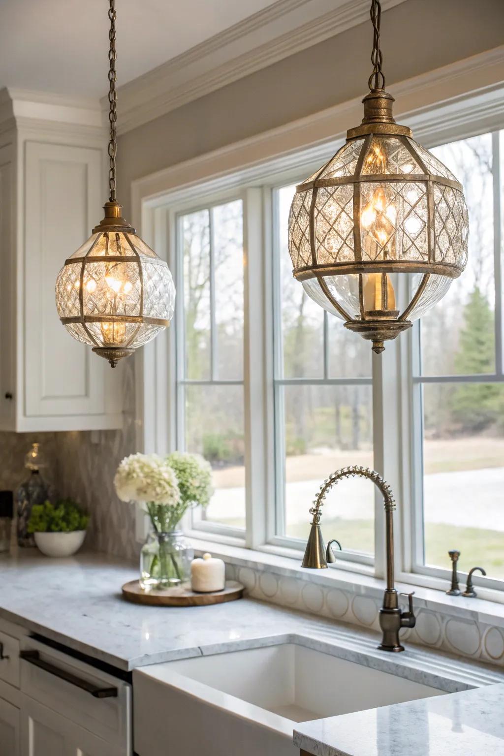 Gem-like pendants add sparkle and sophistication to transitional kitchens.