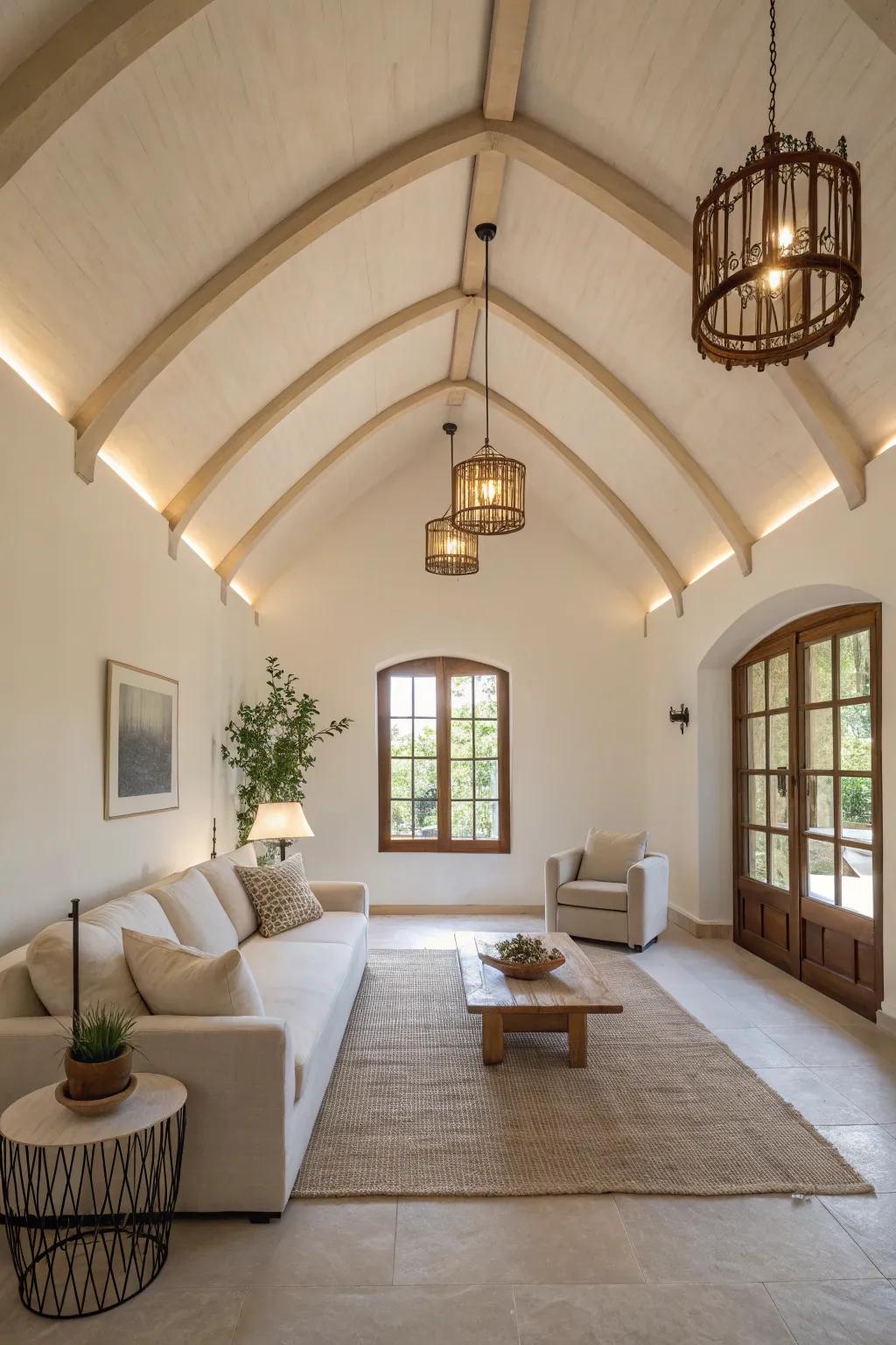 Minimalist fixtures blend seamlessly with a modern vaulted ceiling design.