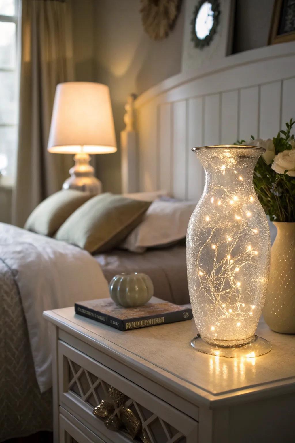 A tranquil bedroom setting with a softly glowing frosted vase.