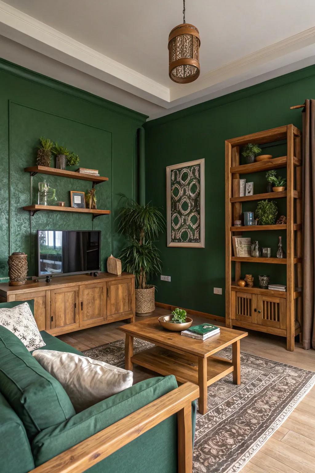 Deep forest green walls create a rich and calming atmosphere.