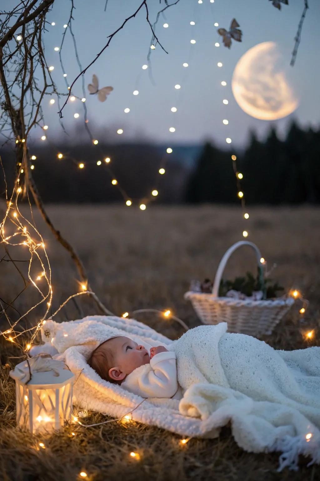 A mystical moonbeam setting for a serene newborn photo.