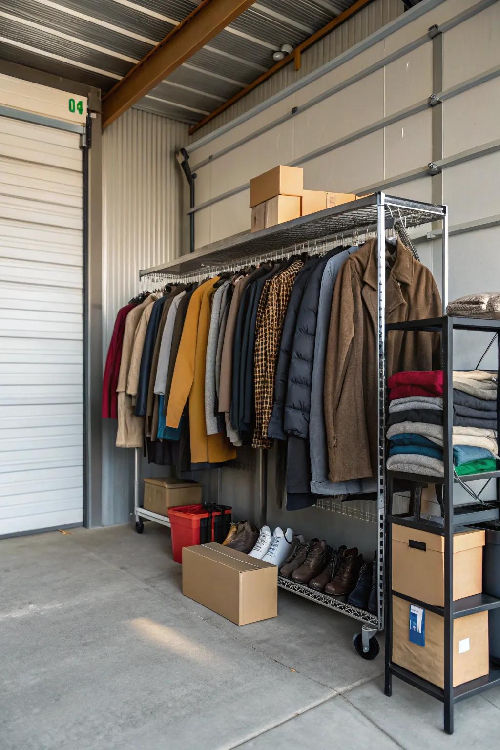 A clothing rack keeps garments organized and ready for use.