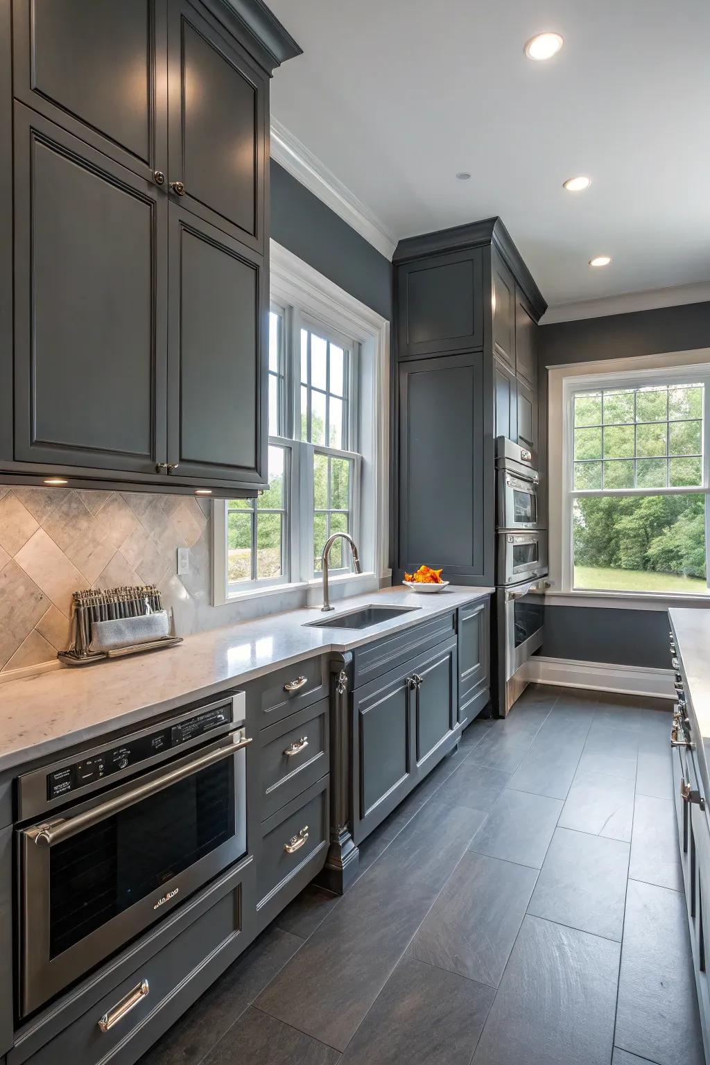 Charcoal gray walls provide a sleek and sophisticated kitchen look.