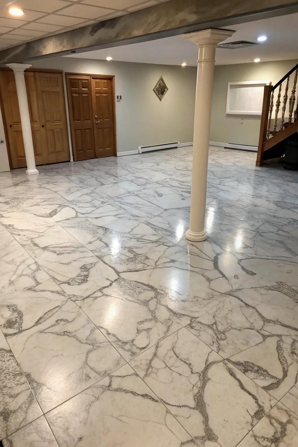 Faux marble adds elegance and sophistication to your basement floor.