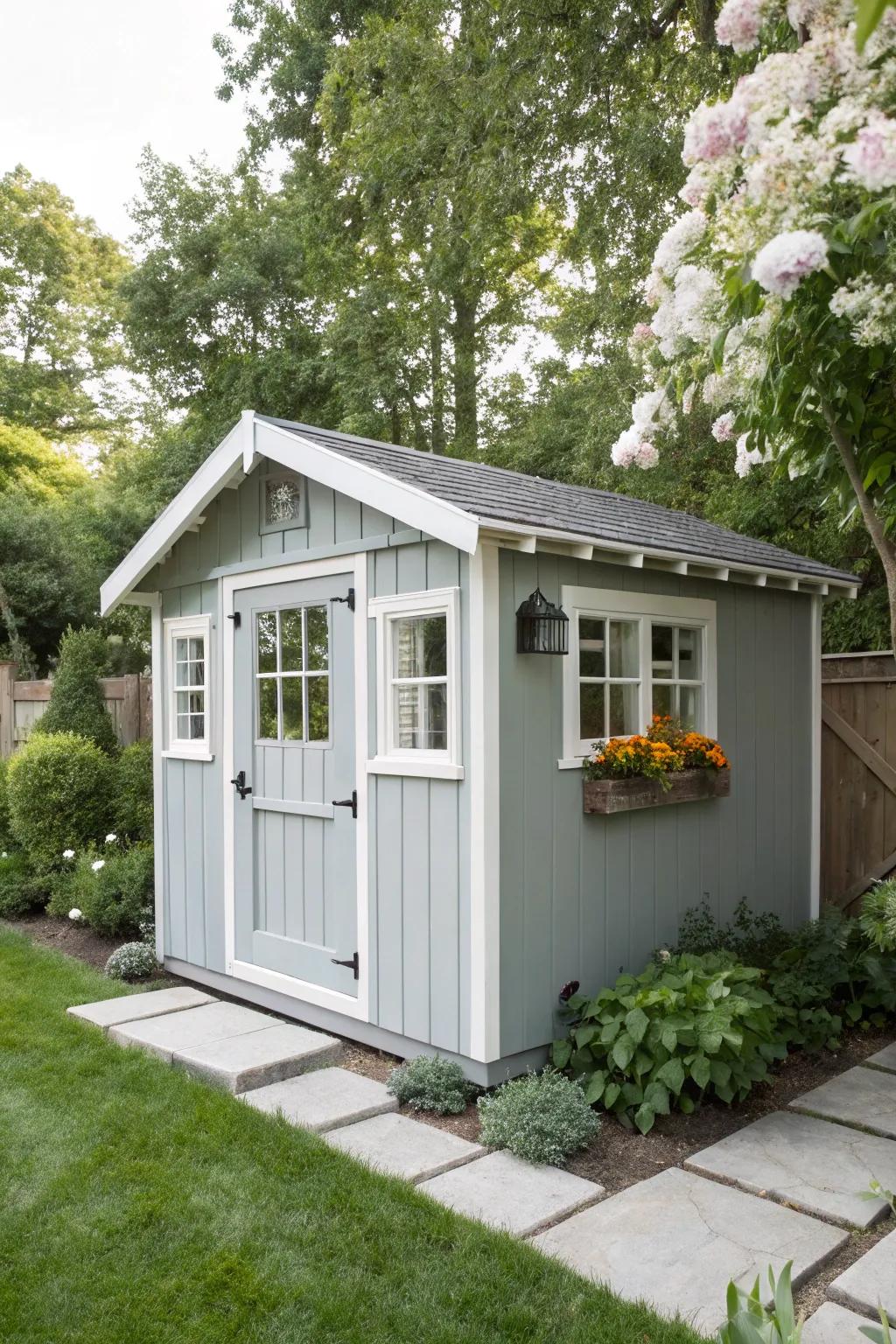 A modern farmhouse style shed in soft grey with white trim.