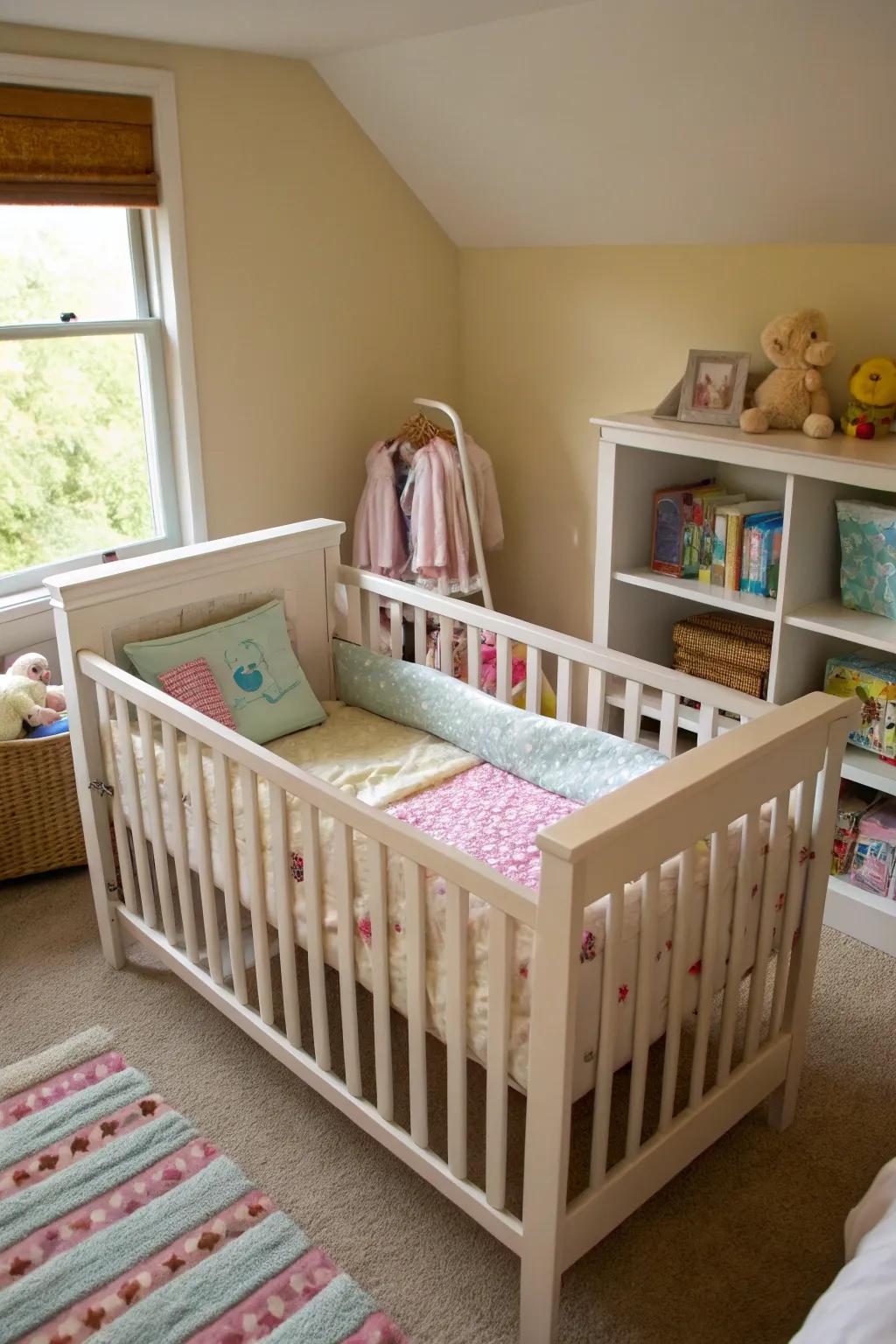 A convertible crib offering long-term functionality in a shared bedroom.