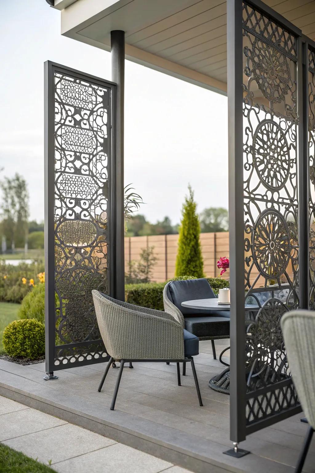 Decorative steel panels add a modern artistic touch to patio privacy.