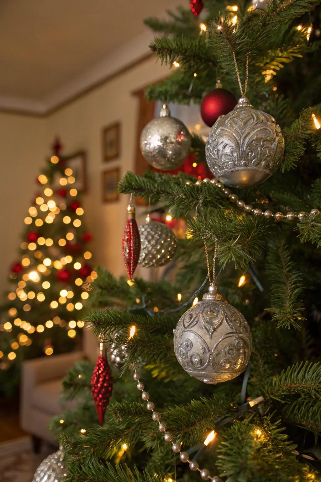 Pewter ornaments add a personal touch to holiday decor.