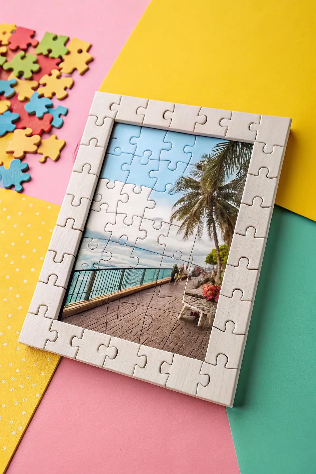 Bring a smile with a playful puzzle piece frame.