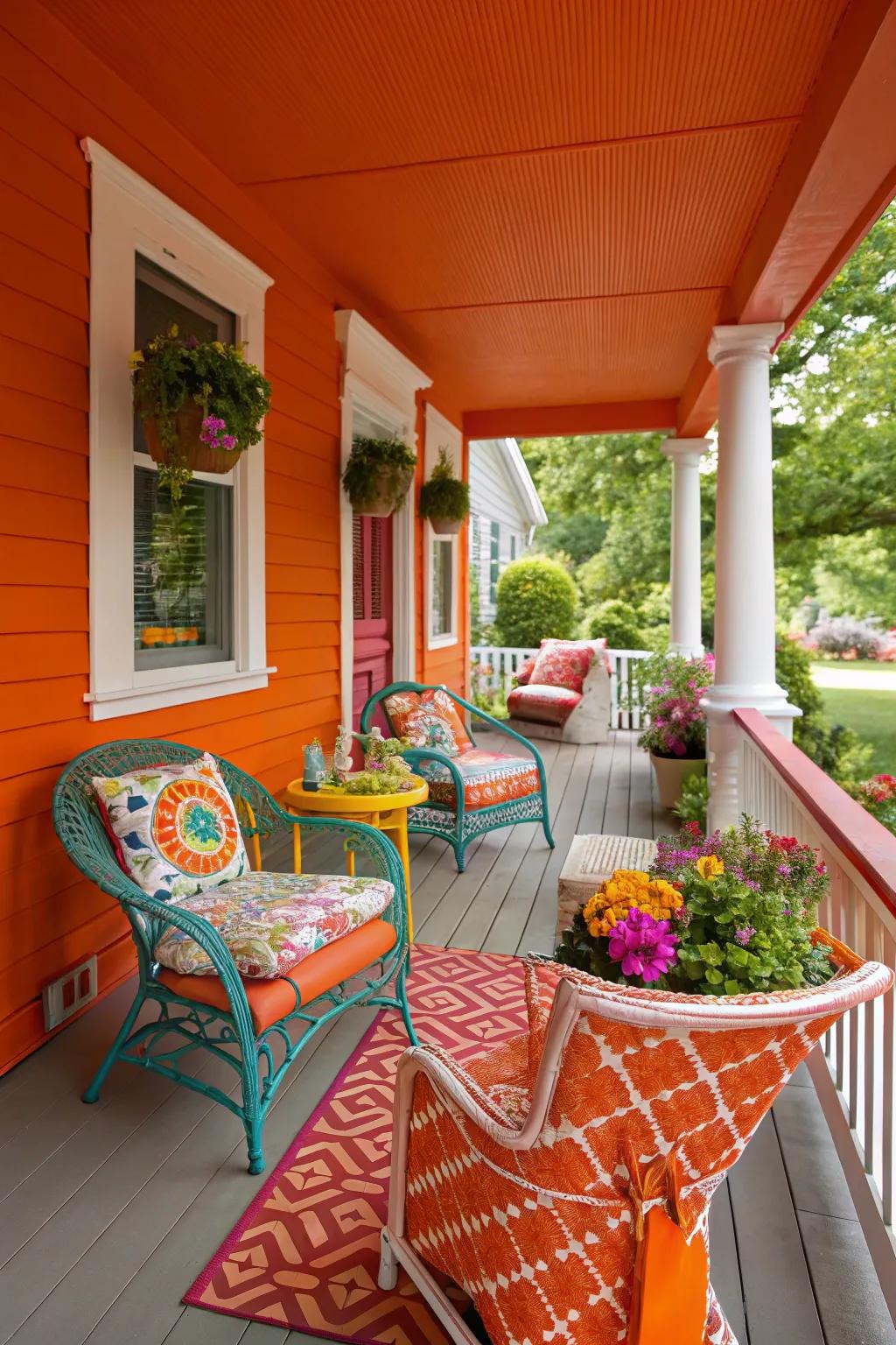 Energetic orange adds a lively and welcoming vibe to this vibrant porch.