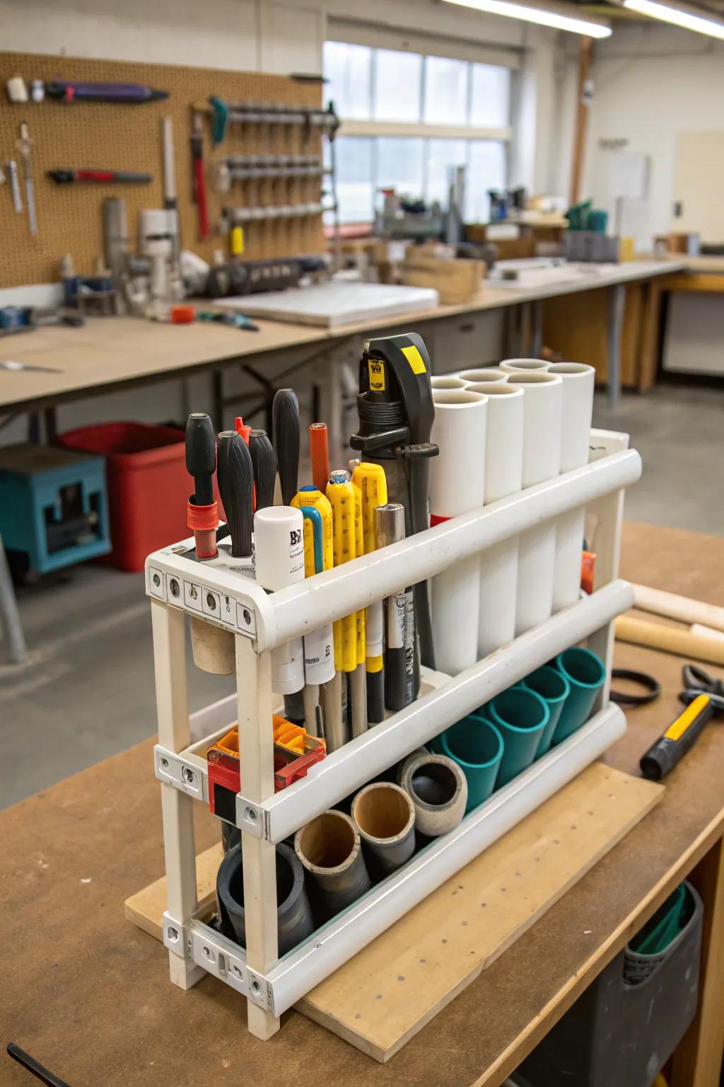 Keep tools and supplies in order with a multi-use PVC organizer.