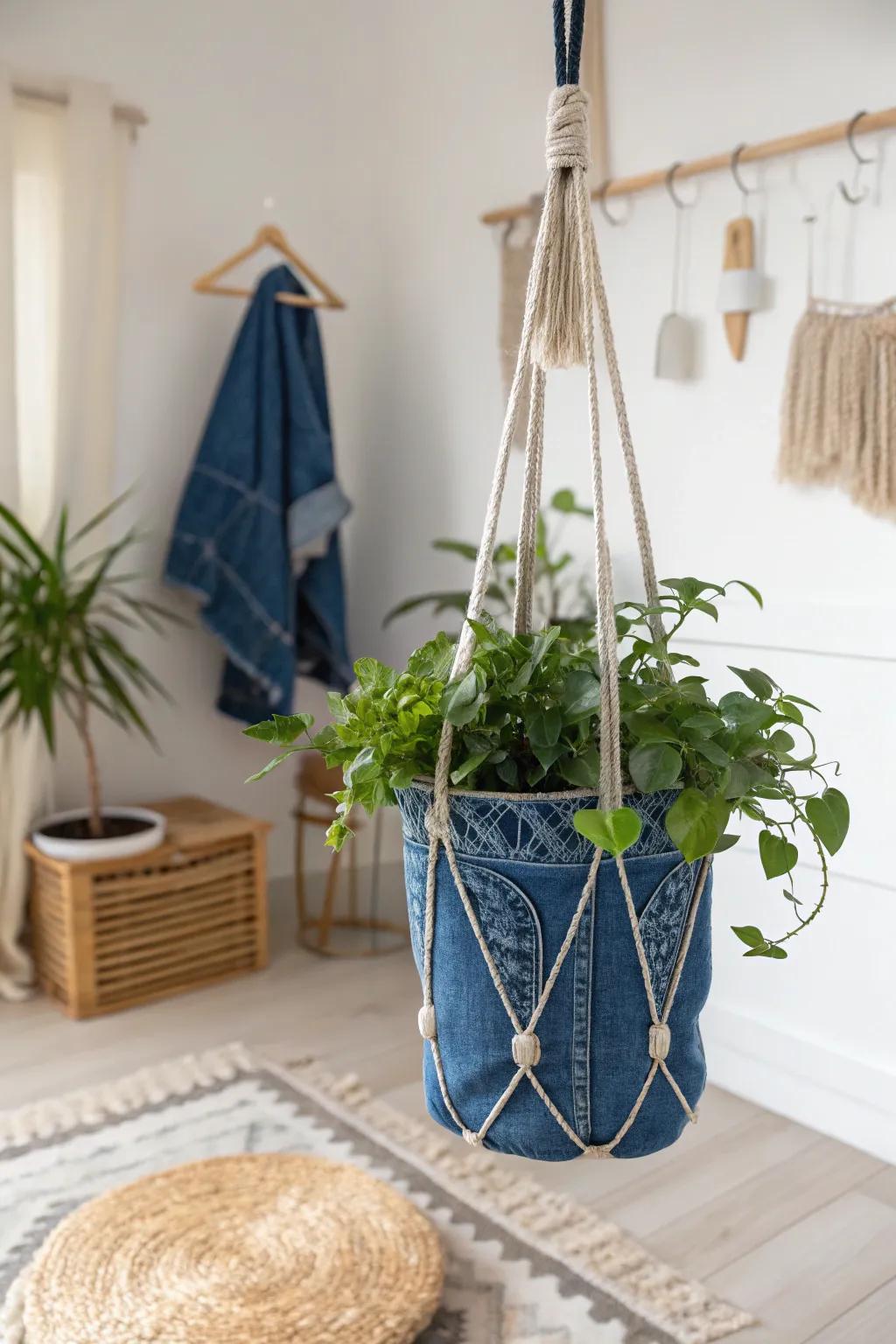 Breathe new life into old jeans with this chic plant holder—where rustic charm meets minimalist elegance.