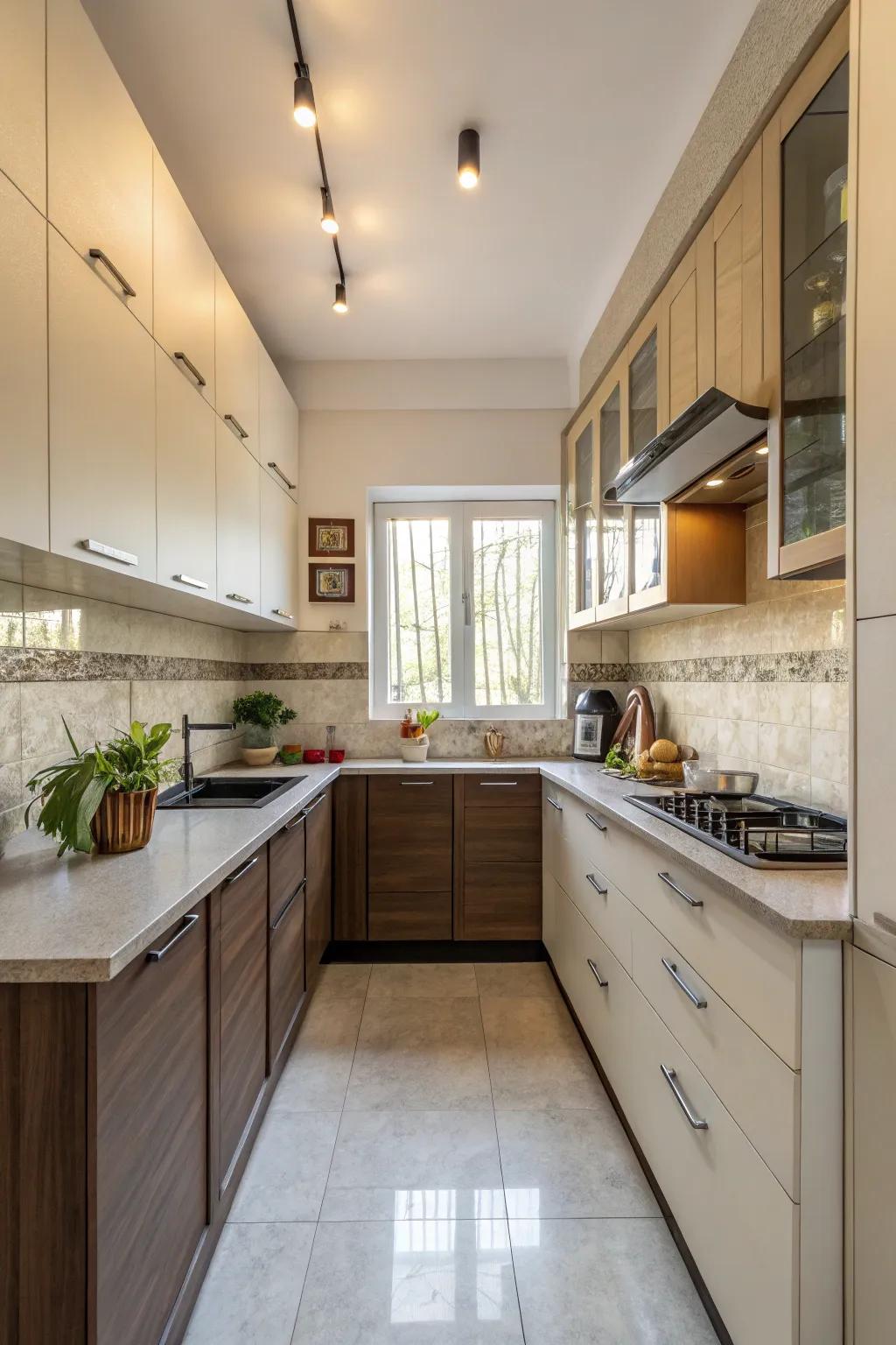 A two-tone color scheme adds depth and character to a small kitchen.