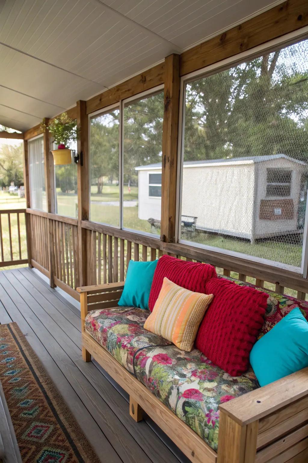 Throw pillows add color and comfort, making your porch inviting and stylish.