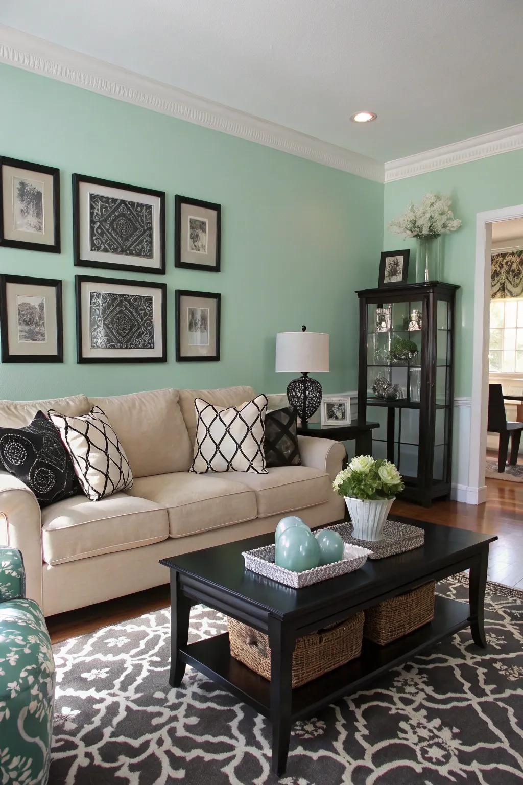 Elegant black and white decor enhancing chic seafoam green walls.