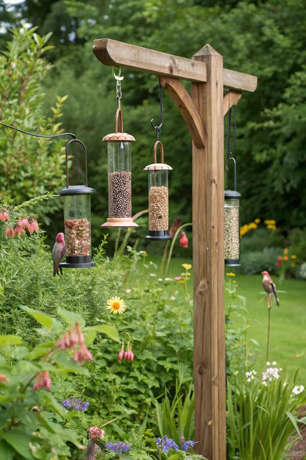 A bird feeder station inviting a variety of birds to your garden.