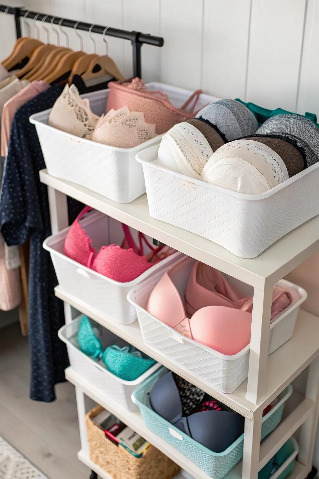 Stackable bins keep bras organized and easily accessible.