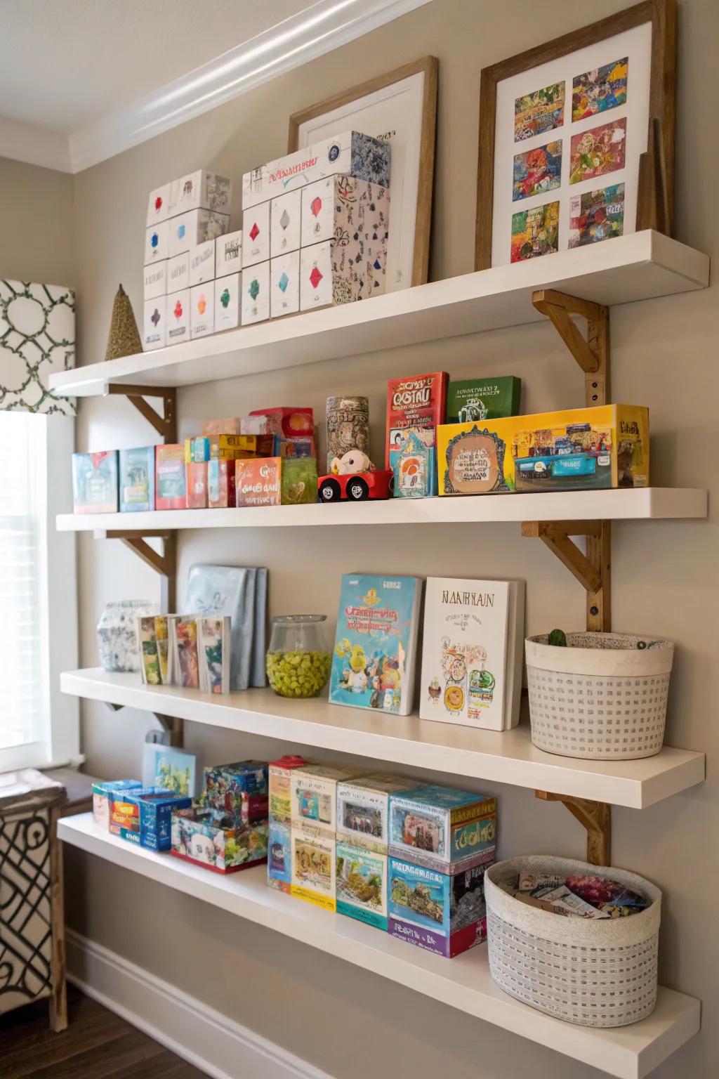 Wall-mounted shelves offer a decorative way to display and store puzzles.