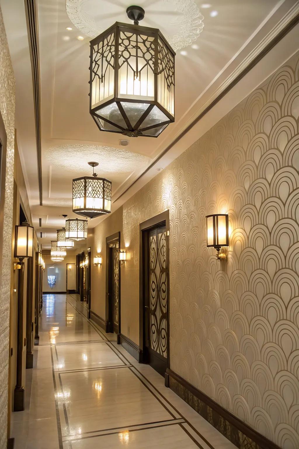 Art Deco-inspired fixtures add vintage glamour to a hallway.