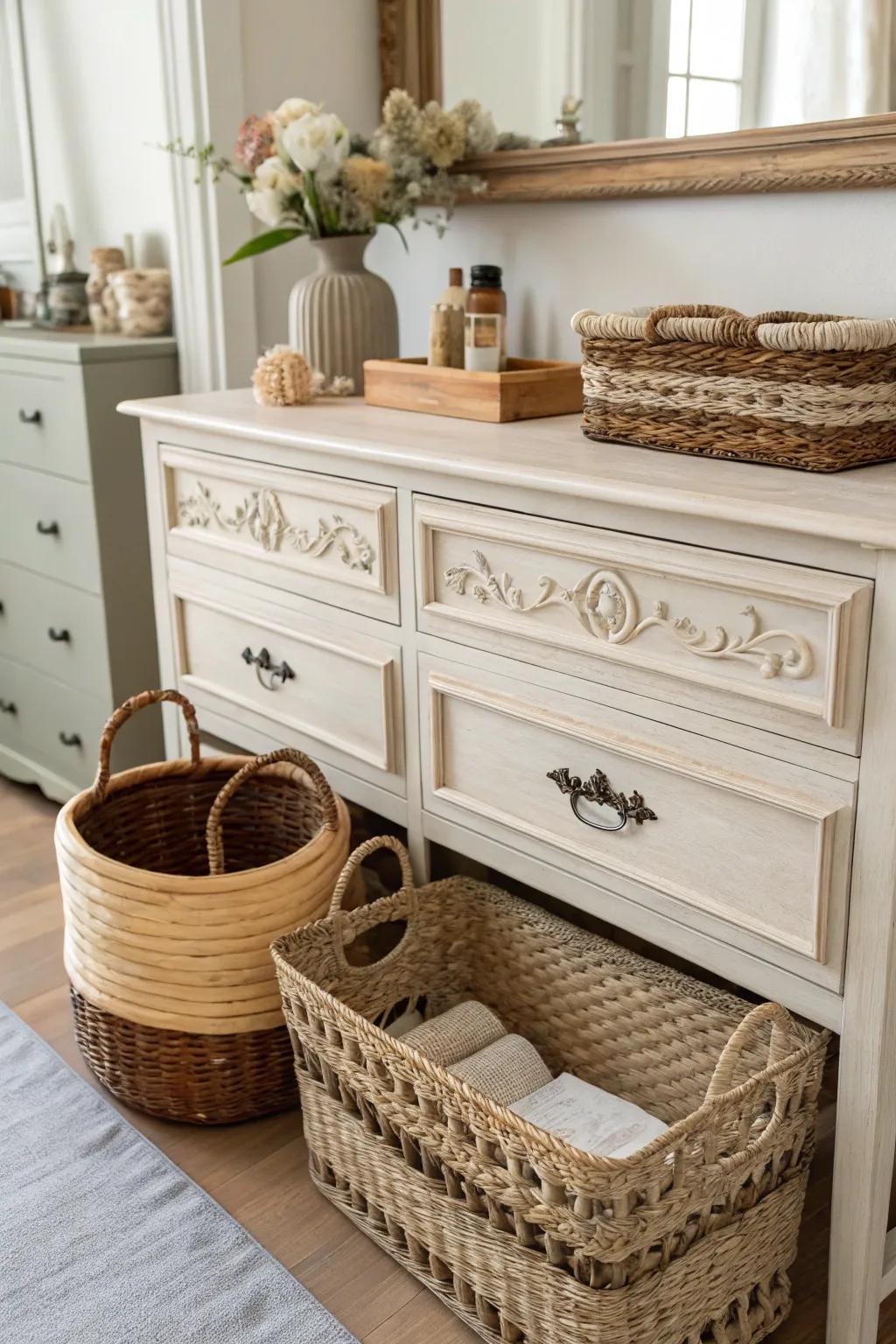 Decorative storage solutions keep your dresser organized and stylish.