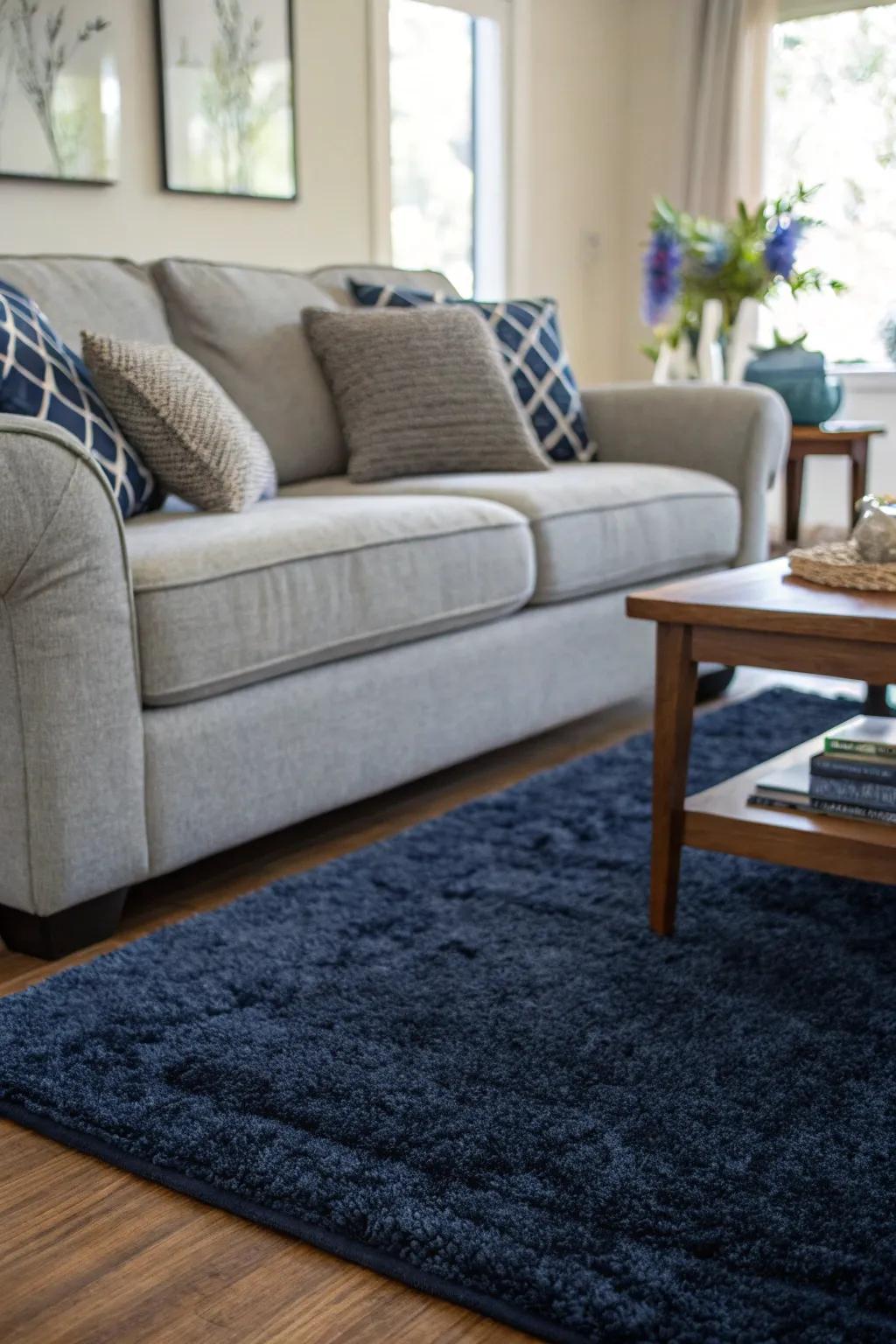 Navy blue rugs provide a sophisticated, neutral complement to a grey couch.