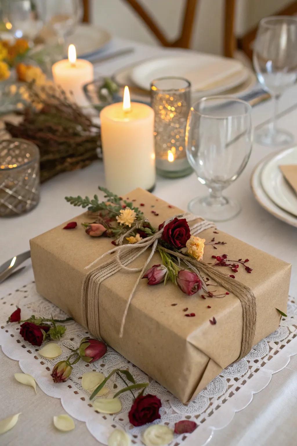 A gift wrapped with dried flower petals from a wedding bouquet, adding a personal touch to gift-giving.