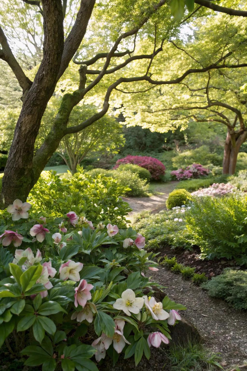 Hellebores provide early blooms in shaded gardens.