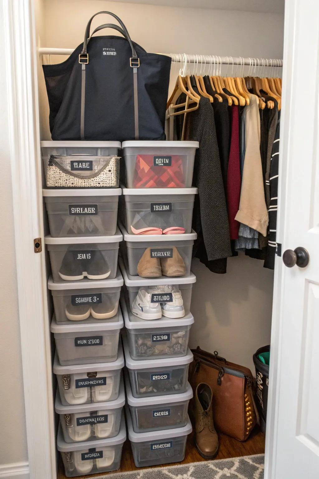 Stackable bins maximize space and keep items organized.