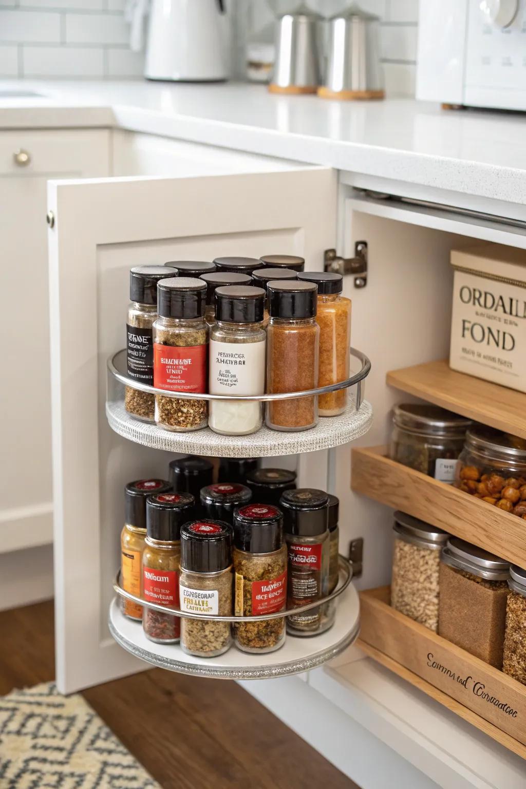 A Lazy Susan brings corner cabinet items within easy reach.