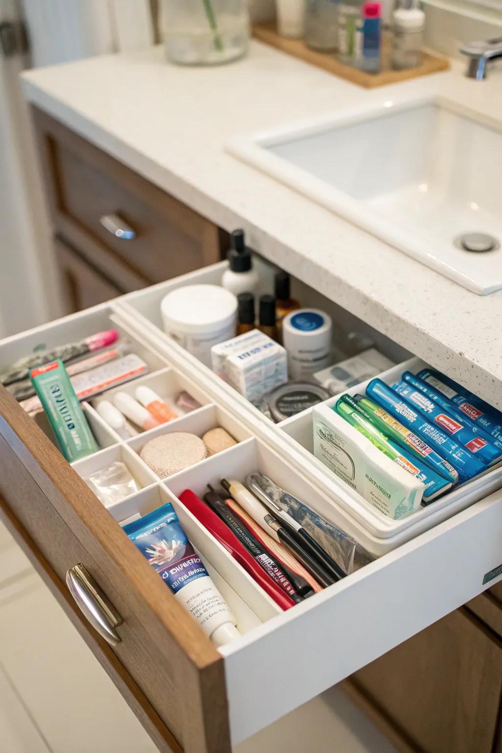 A bathroom drawer dedicated to storing extra toiletries and backup supplies.