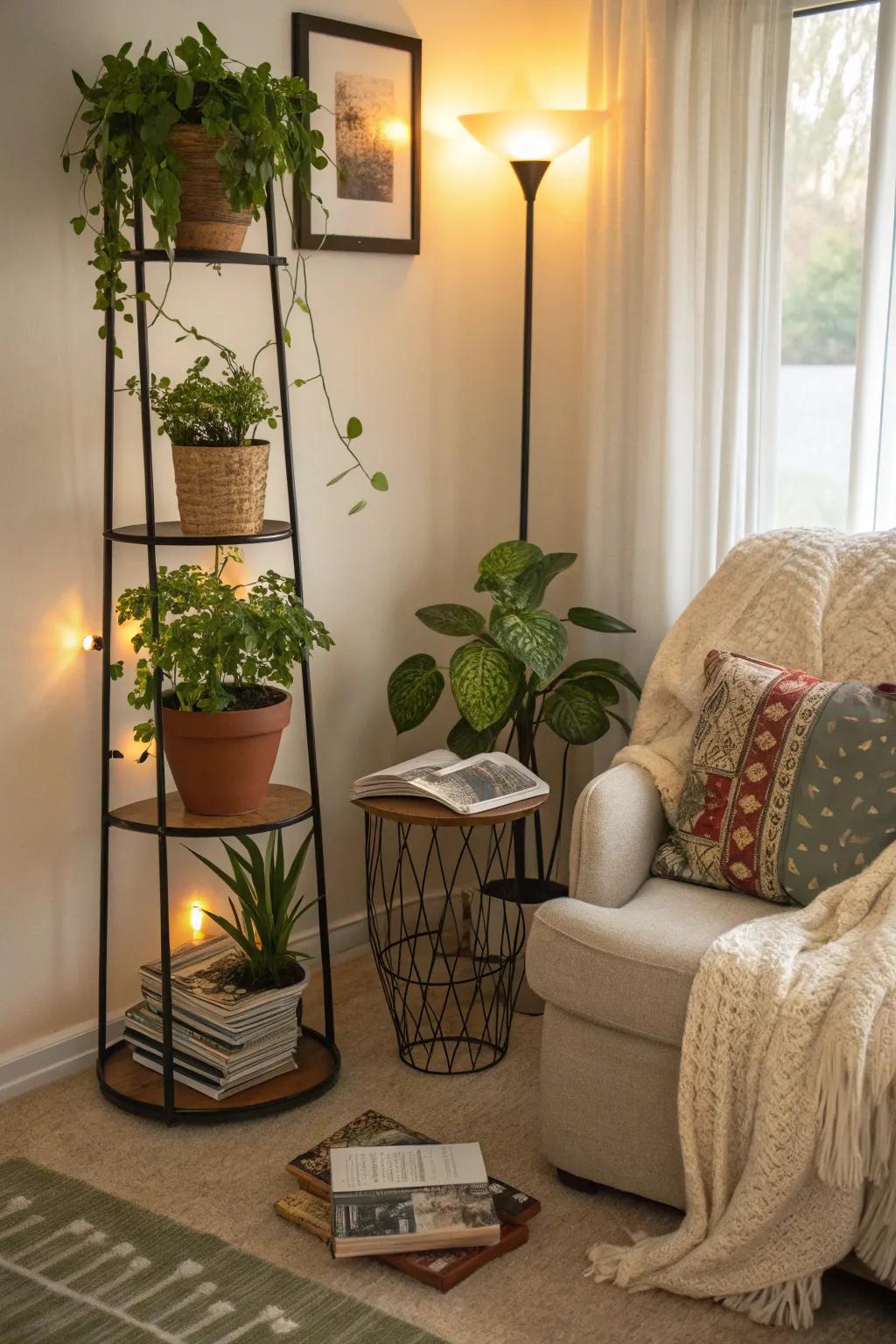 A stylish plant stand crafted from a repurposed mirror frame.