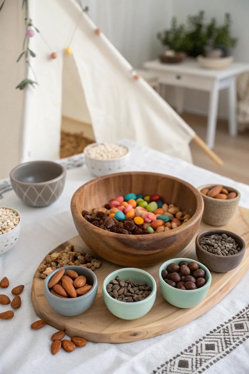 Craft your perfect trail mix at this chic and cozy indoor camping party setup. 🍬🥜🌿 #IndoorCamping #TrailMixBar #ScandiBohoStyle