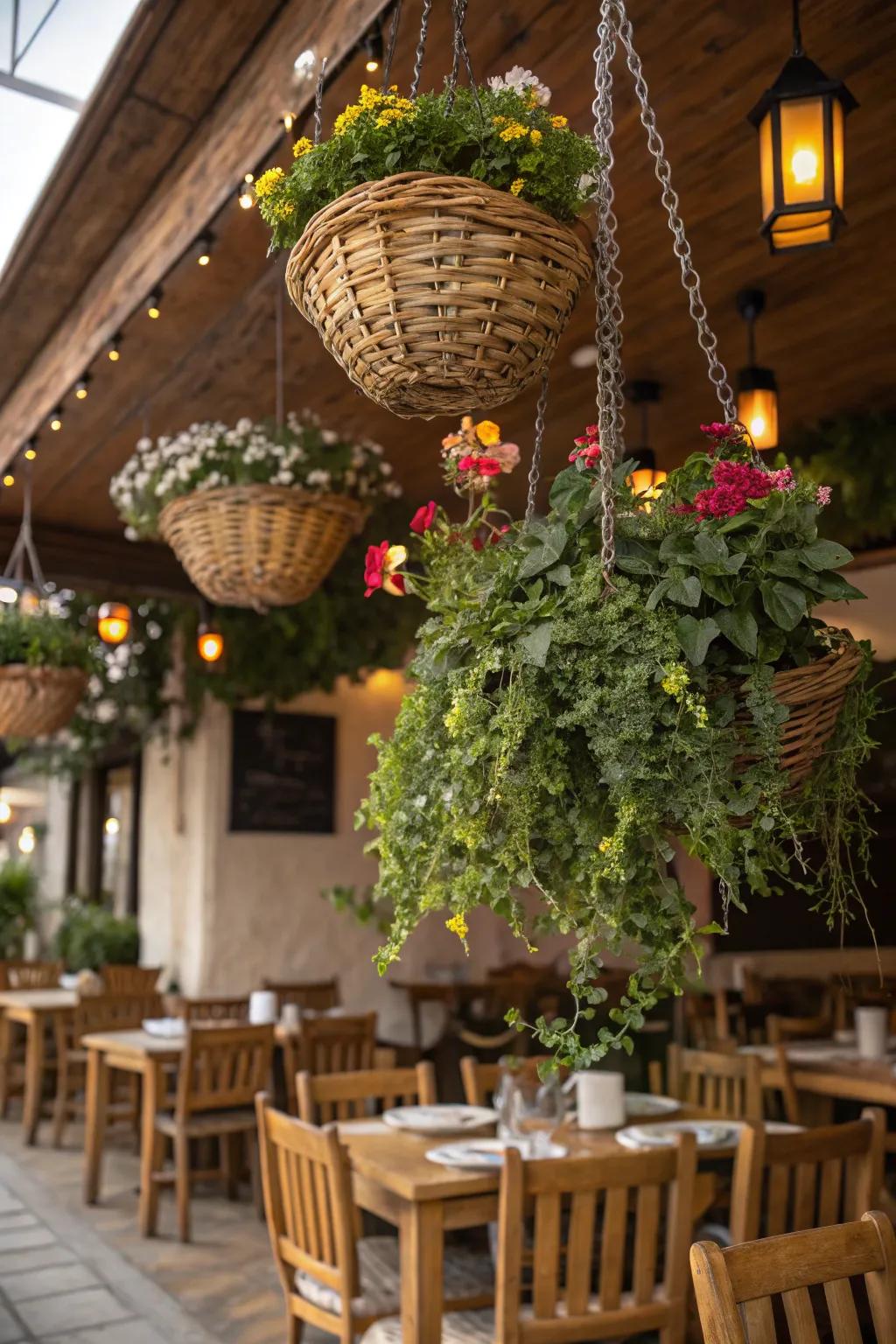 Ceiling-hung baskets create a dramatic and lush plant display.