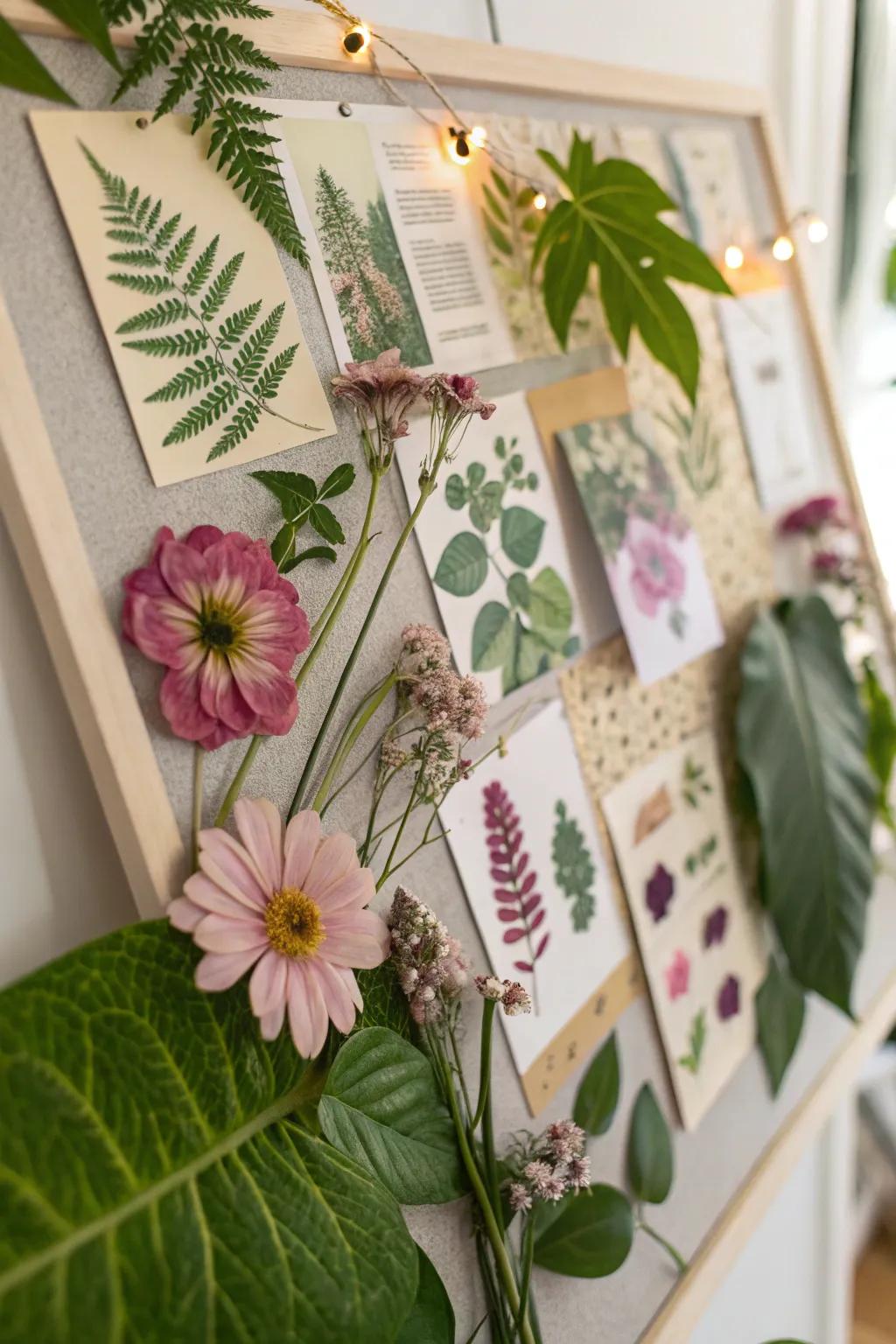 An inspiration board featuring botanical prints and pressed flowers.