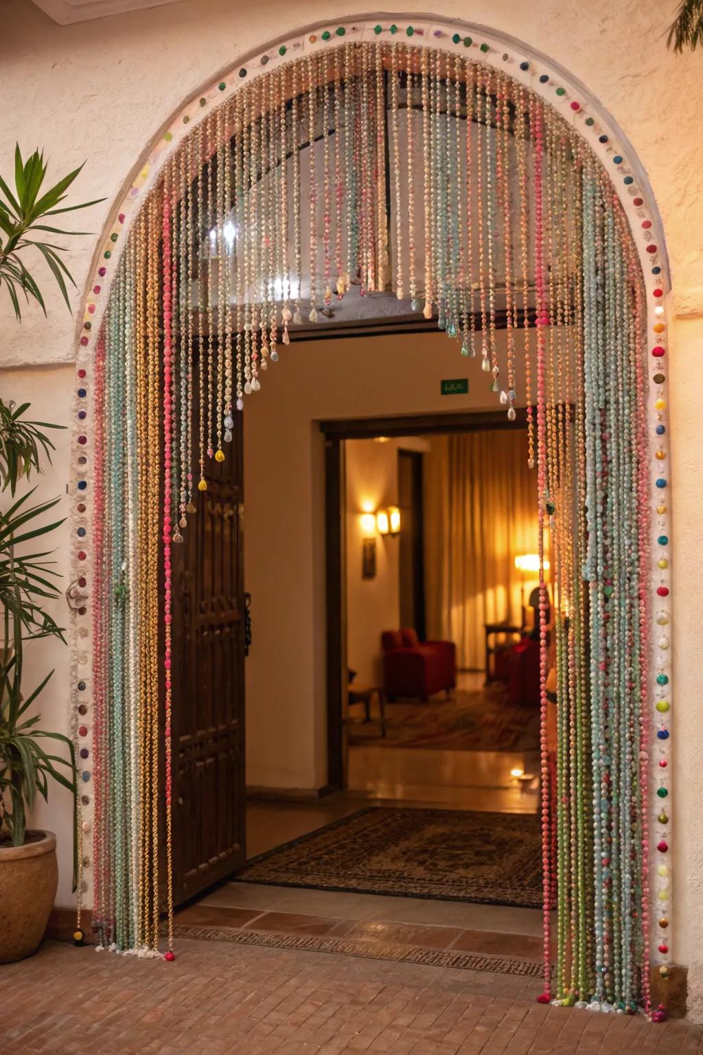 Beaded curtains add a playful, bohemian vibe to this archway.