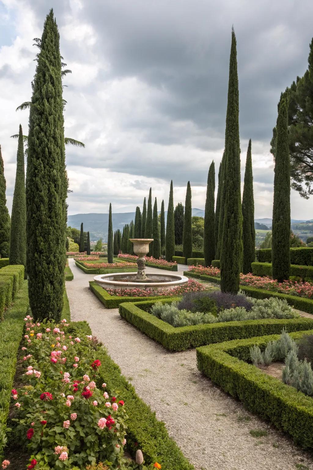 Bring order to formal gardens with the structure of Italian cypresses.