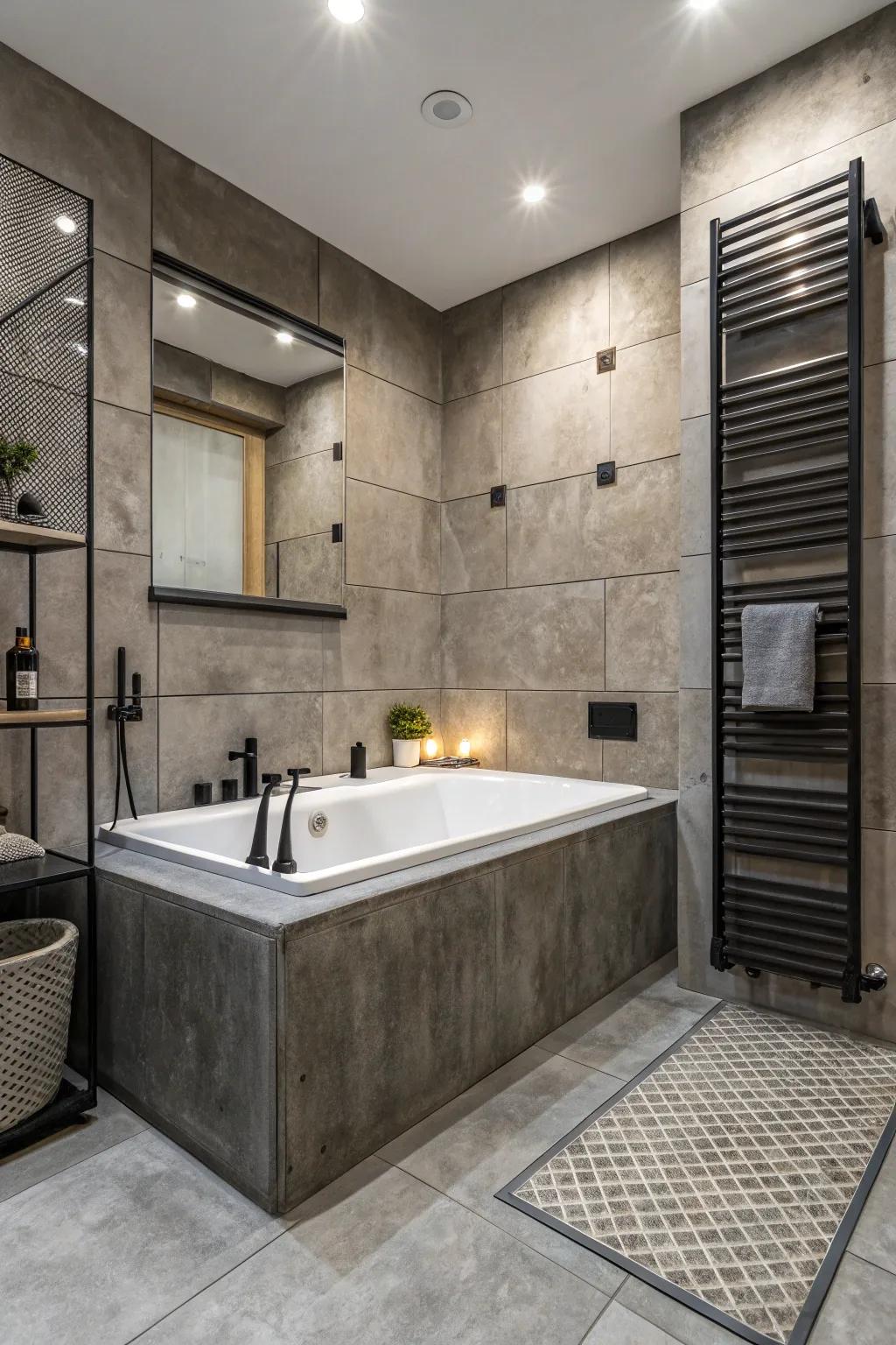 Concrete finish tiles add an industrial and edgy vibe.