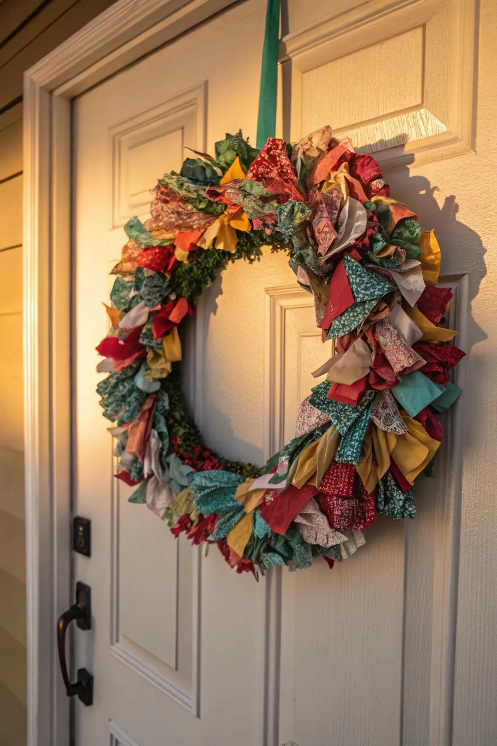 Brighten your entryway with a vibrant scrap fabric wreath.