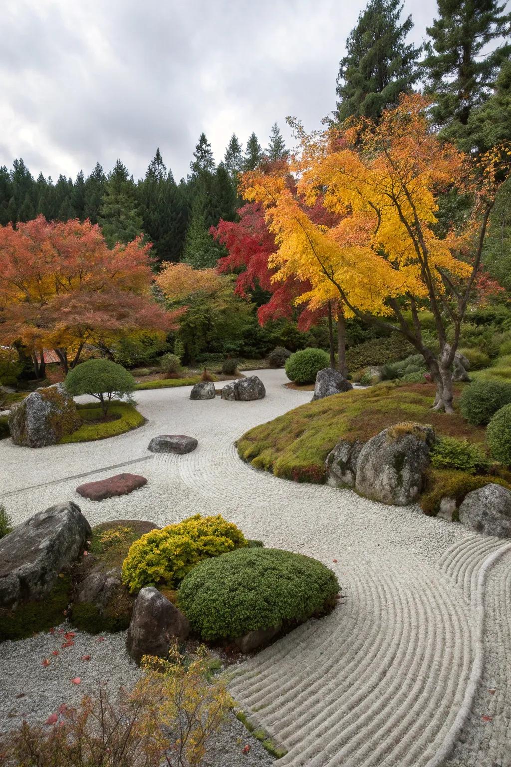 Seasonal plants adding dynamic colors to a zen garden.