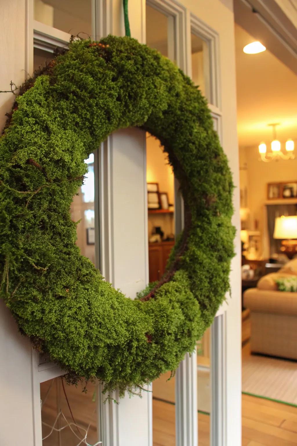 A welcoming door wreath crafted with java moss, perfect for seasonal decor.