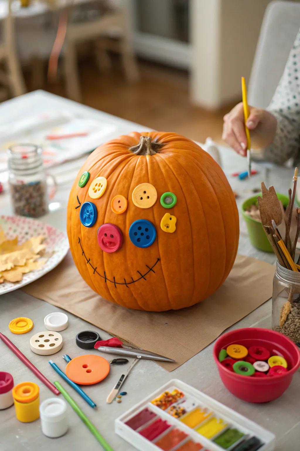 Buttons create a playful face on this pumpkin.