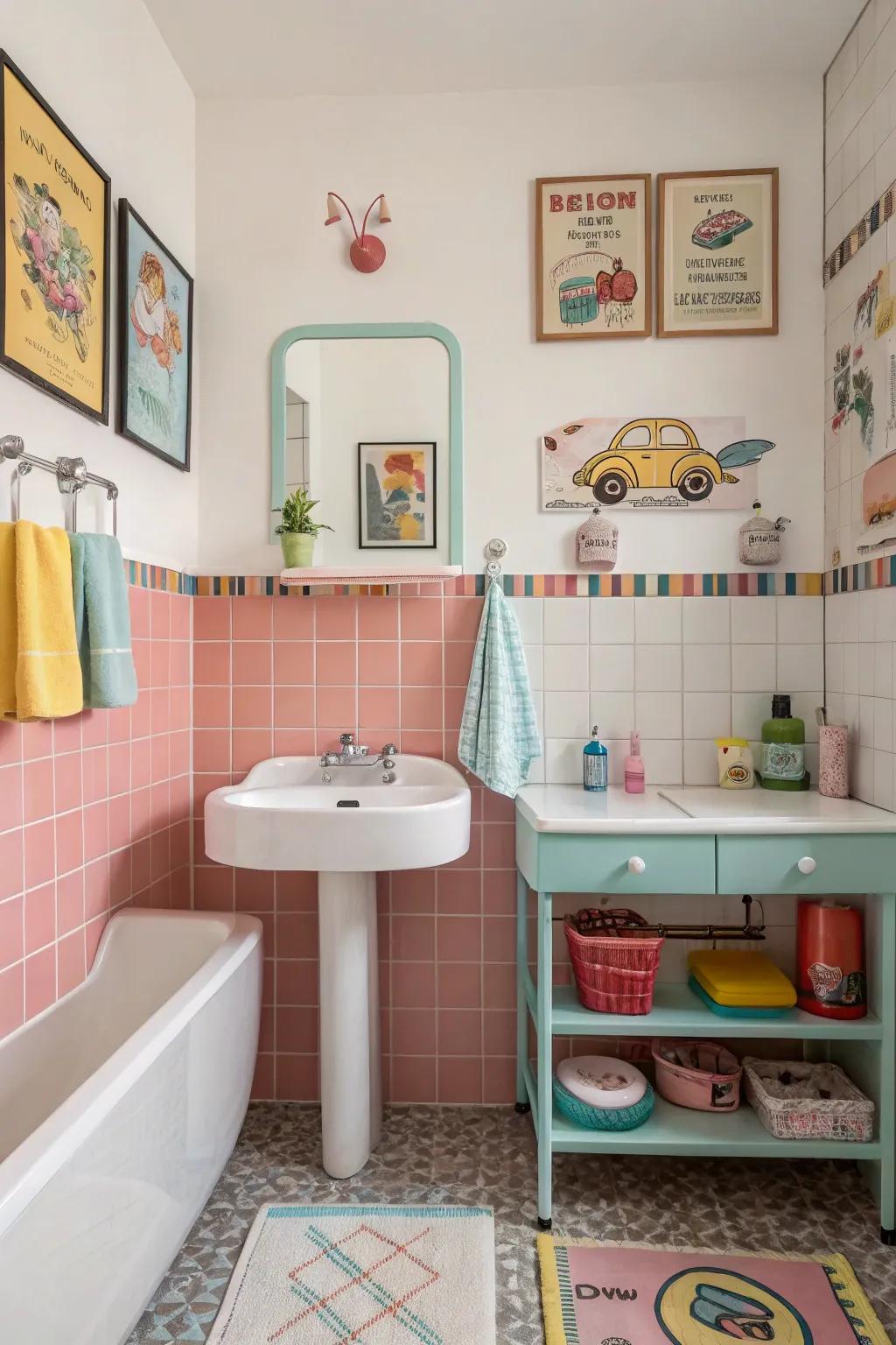 Vintage tiles add nostalgic charm to a modern kids bathroom.