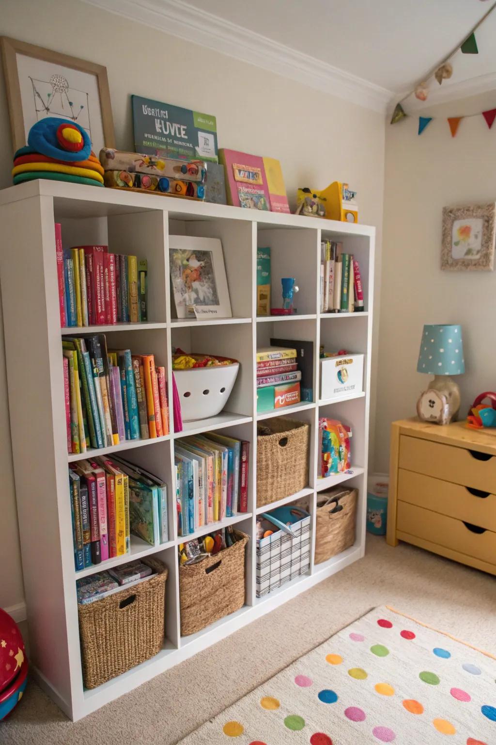 A catch-all bookcase maximizes storage and organization.