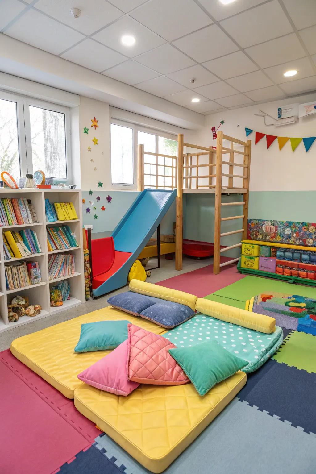 A soft play area offers a safe and comfortable space for little ones.