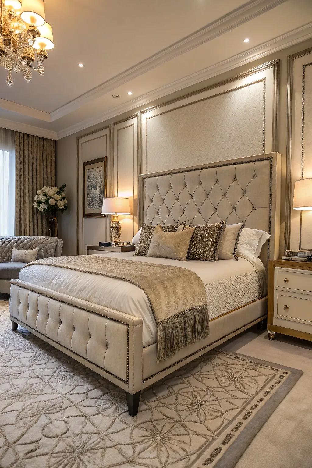 An upholstered frame adds softness and luxury to this king bed.