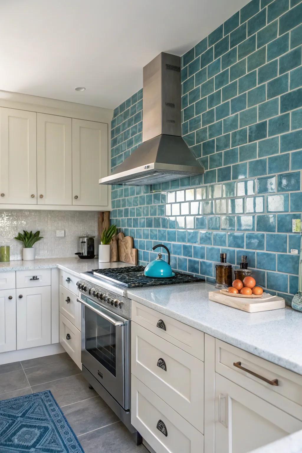 Calming blue tiles provide a serene atmosphere.