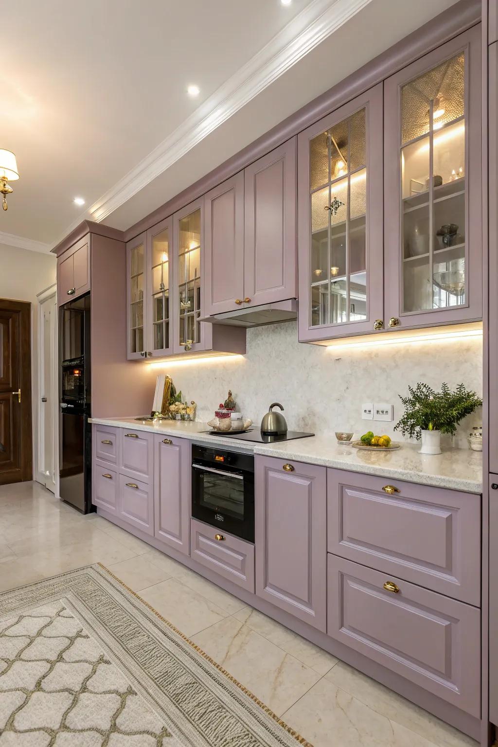 Elegant lavender cabinets bring a calming and unique touch.